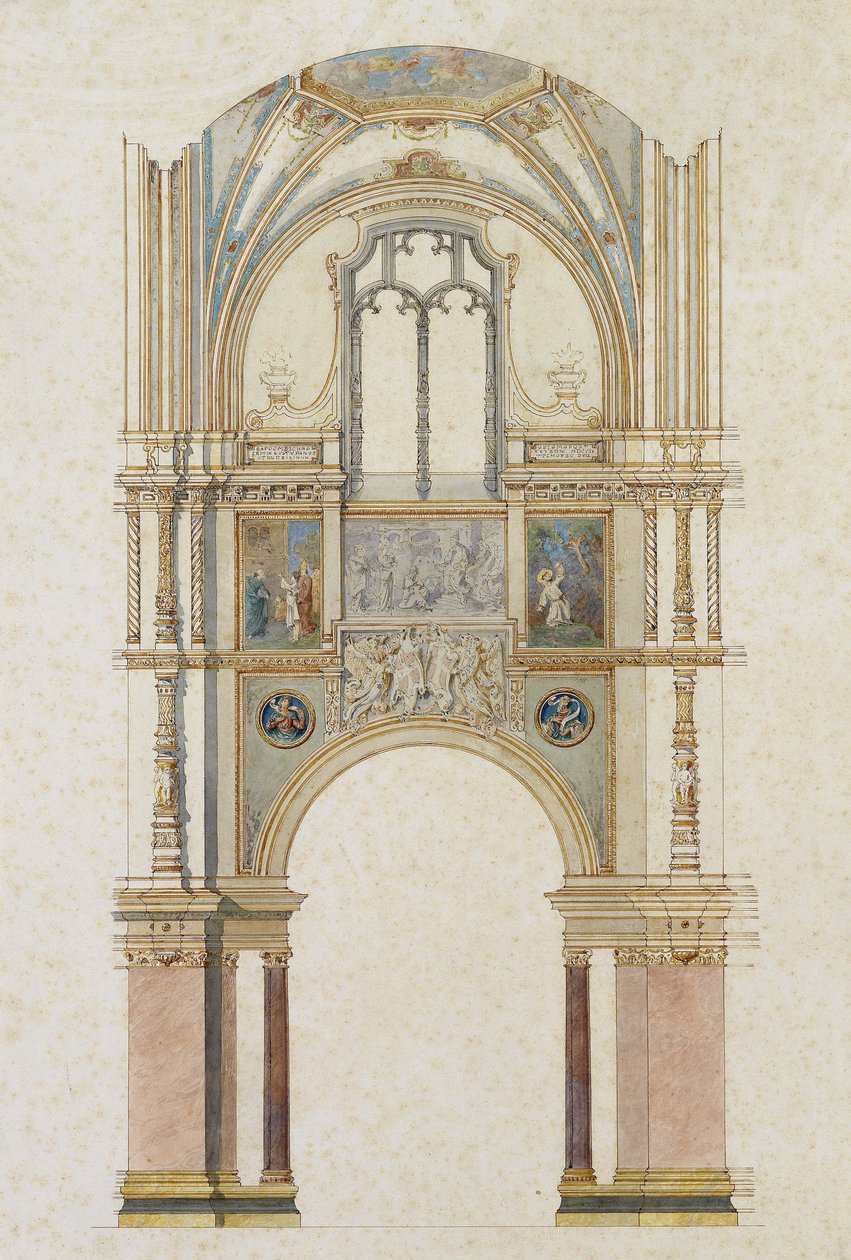Design for sidelaget i en kirke med fresker fra St. Francis liv, tegning med penn og blekk av Unbekannt Unbekannt