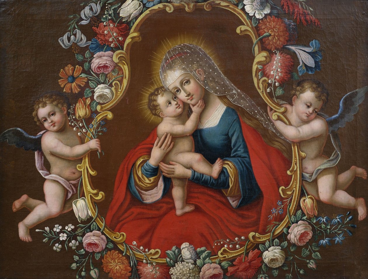 Maria med barnet (type Maria Hilf etter Cranach), innrammet av en blomsterkrans som bæres av engler av Unbekannt Unbekannt