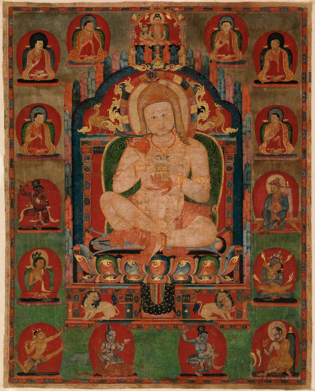 Portrett av Jnanatapa omgitt av lamaer og mahasiddhaer av Unbekannt Unbekannt