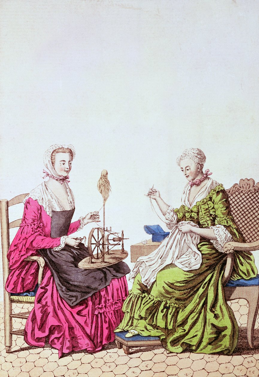 Damer som spinner og syr, ca. 1765 (fargegravering) av Unbekannt Unbekannt