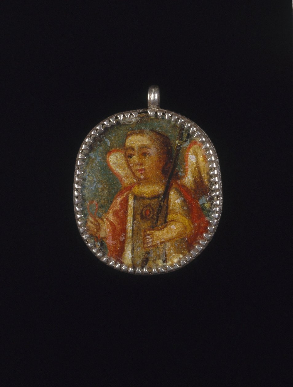 Malet medaljong i Locket Frame, Recto- Angel, Verso- Saint Barbara med attributter til et slott til ... av Unbekannt Unbekannt