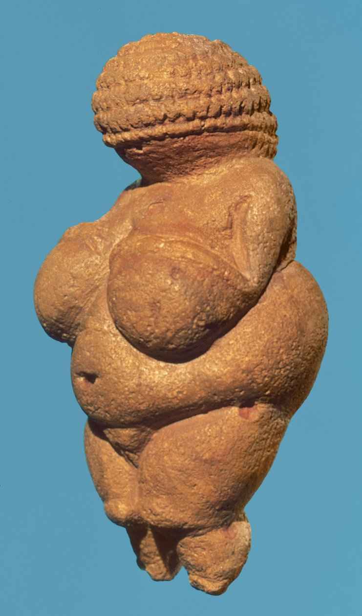 The Venus of Willendorf, sidevisning av kvinnelig figur, Gravettian kultur, øvre paleolittisk periode, ca. 30000-18000 f.Kr. (oolittisk kalkstein farget med rød oker) (for detaljer se 93777) av Unbekannt Unbekannt