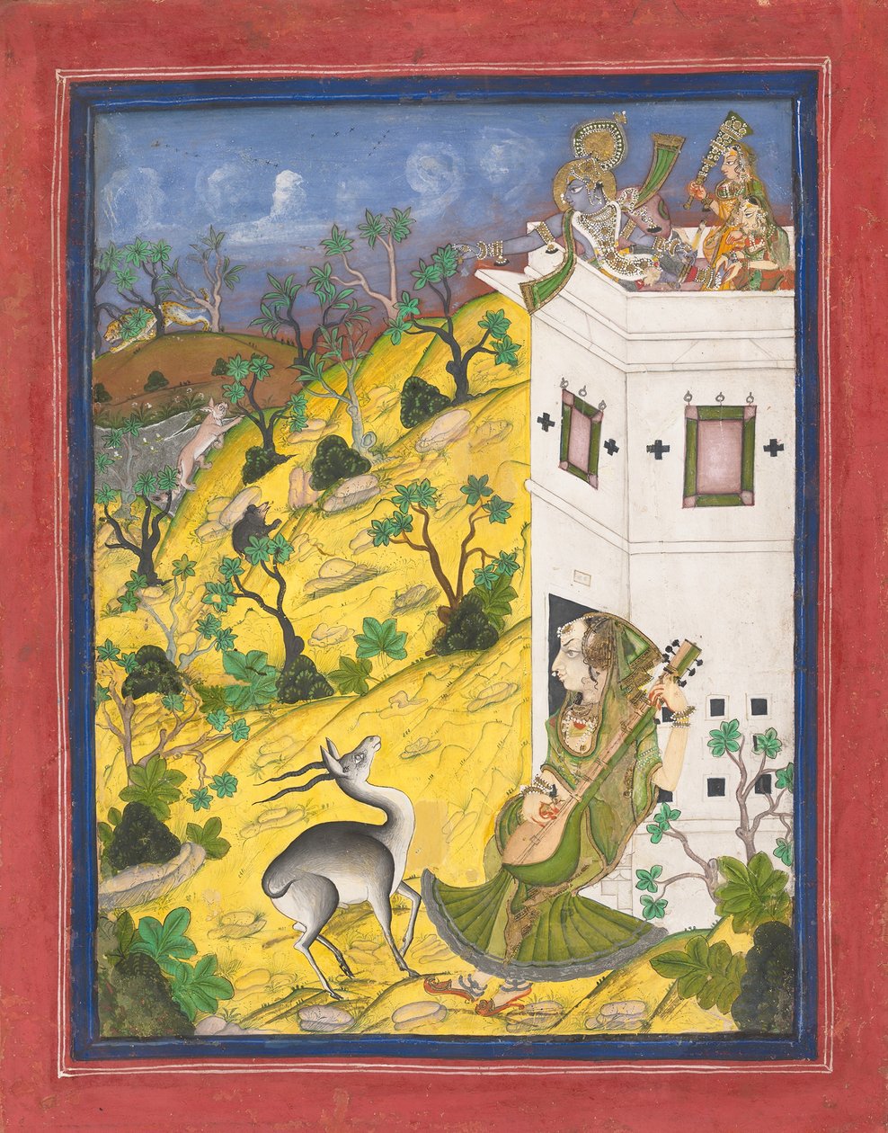 En kvinnelig musiker sjarmerer en antilope, ca. 1825. av Unbekannt