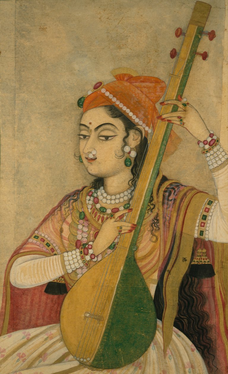 En dame som spiller Tanpura, ca. 1735. av Unbekannt