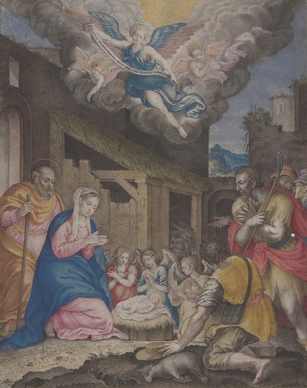 Tilbedelse av hyrdene, 1575-1600. av Unbekannt
