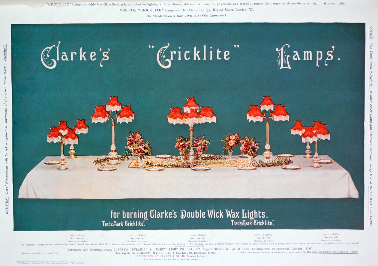 Annonse for Clarkes Cricklite-lamper, 1899 av Unbekannt