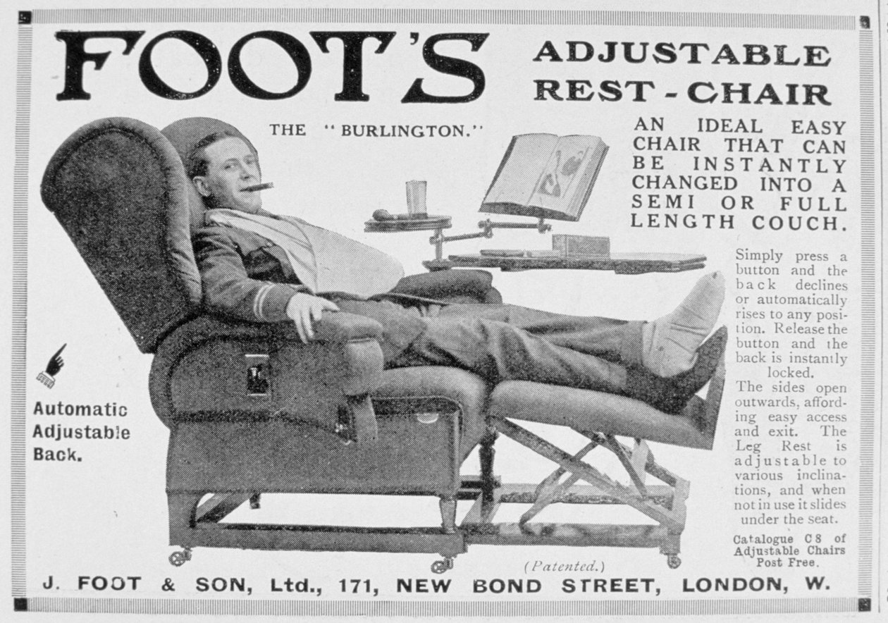 Annonse for Foots Burlington justerbar hvilestol, 1916 av Unbekannt