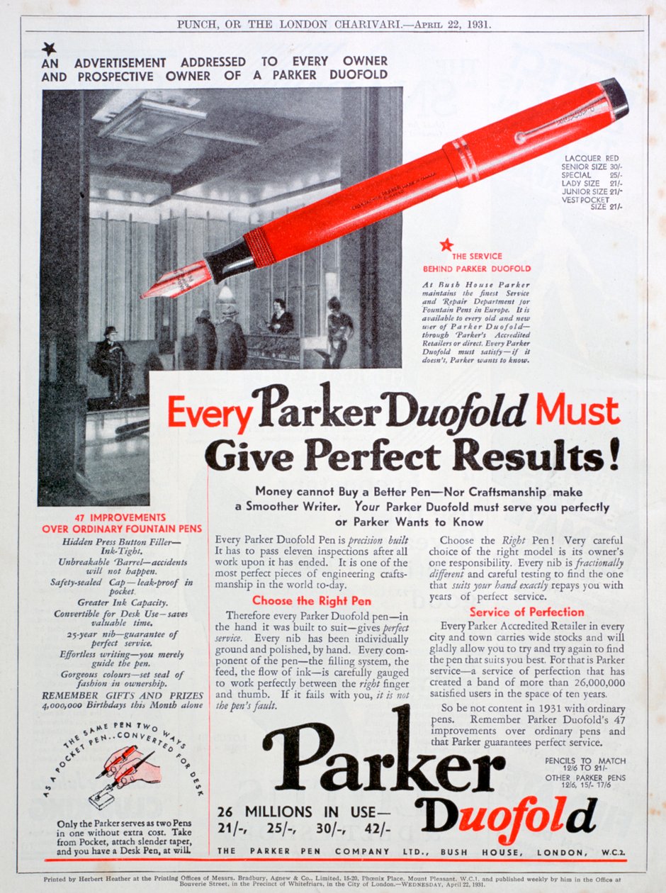 Annonse for Parker-penner, 1931 av Unbekannt