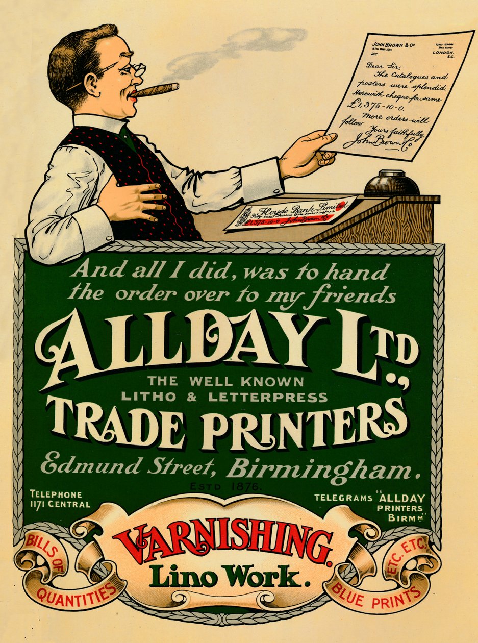 Allday Ltd., Trade Printers-annonse, 1910 av Unbekannt