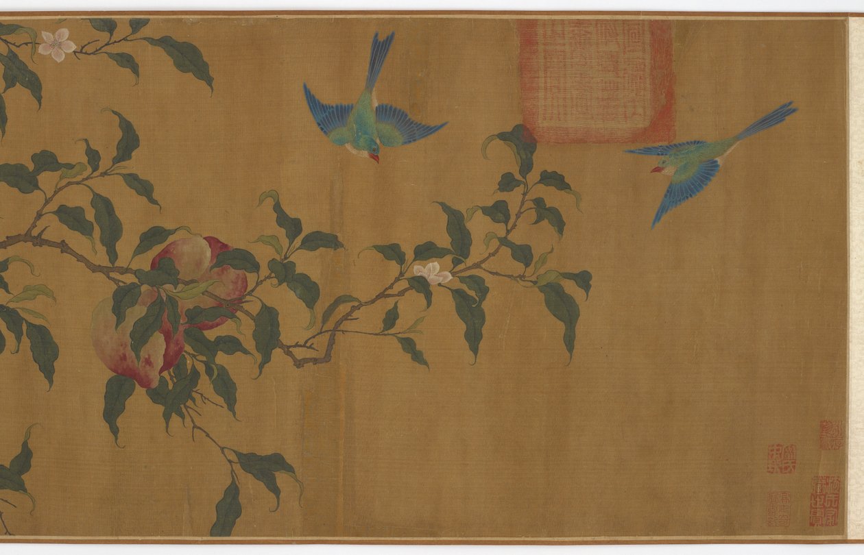 Fugler blant ferskengrener, Qing-dynastiet, 1700-tallet. av Unbekannt