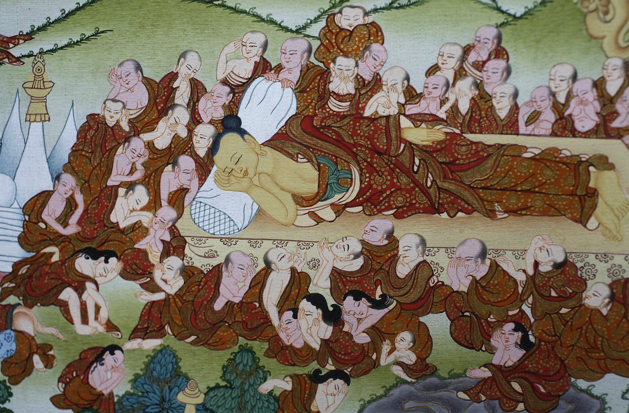Buddhas død eller Parinirvana. Thangka, Bhaktapur, Nepal av Unbekannt