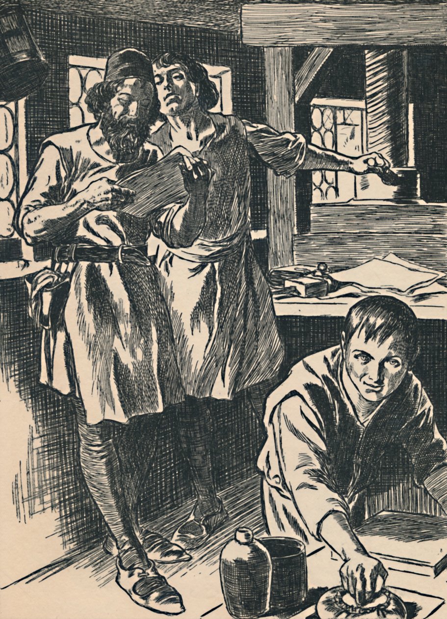 Caxton i hans trykkeri, c1907 av Unbekannt