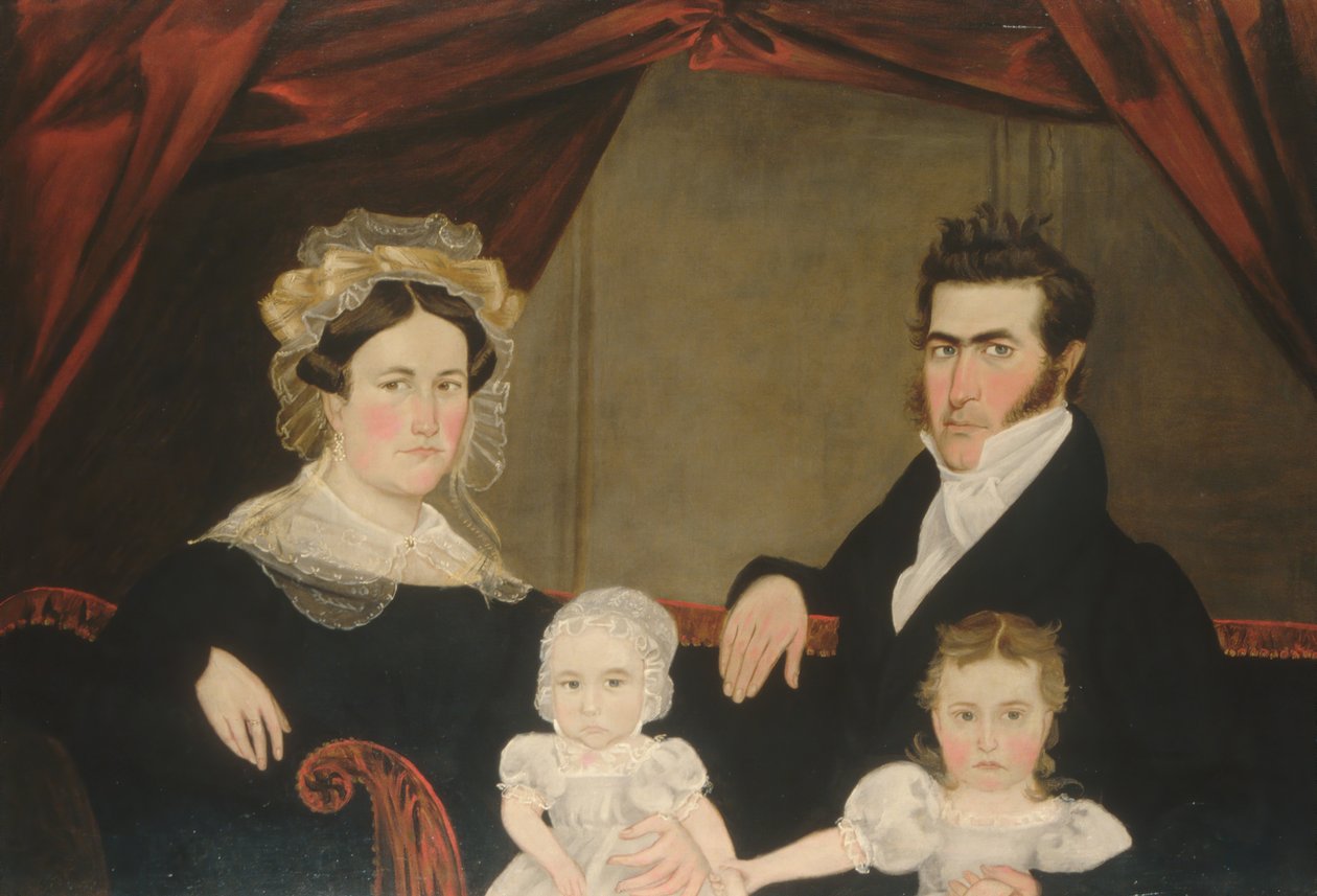 Familiegruppe på fire på sofa, ca. 1830-årene. av Unbekannt