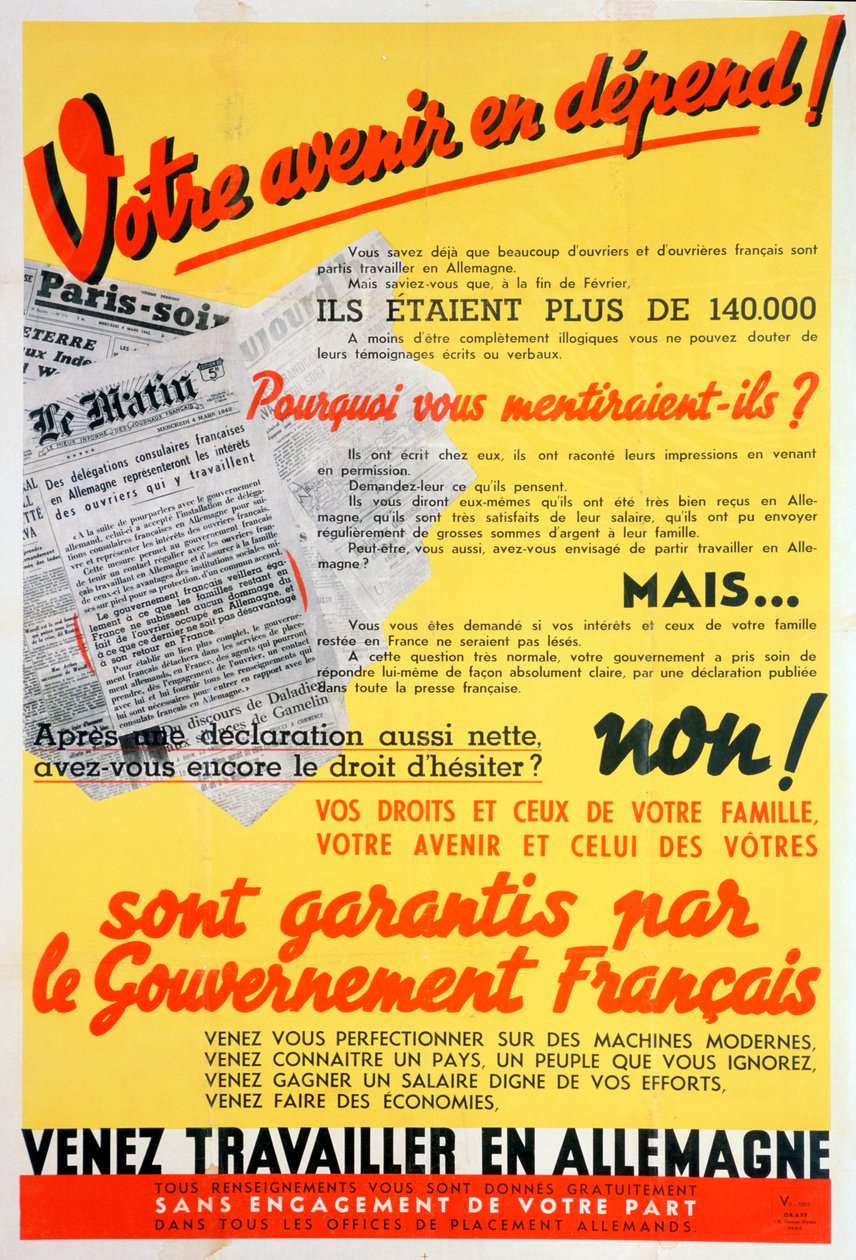 Fransk arbeidere for Tyskland plakat, c1942-c1944 av Unbekannt