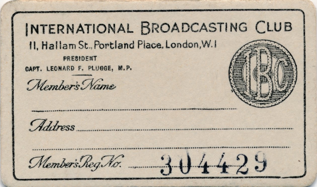 International Broadcasting Club: Medlemskort, c1930-tallet av Unbekannt