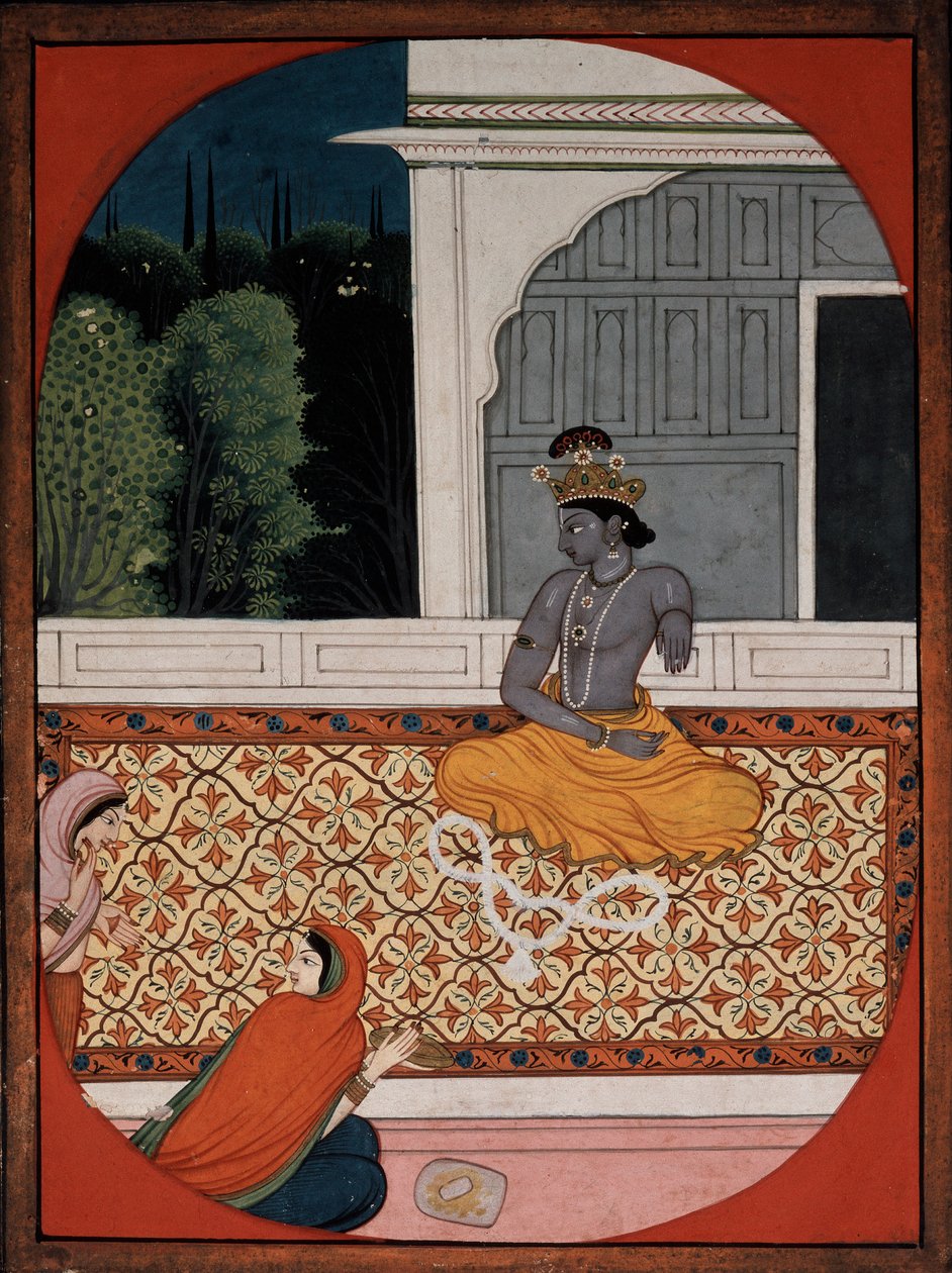 Krishna kaster kransen sin, c1800 av Unbekannt