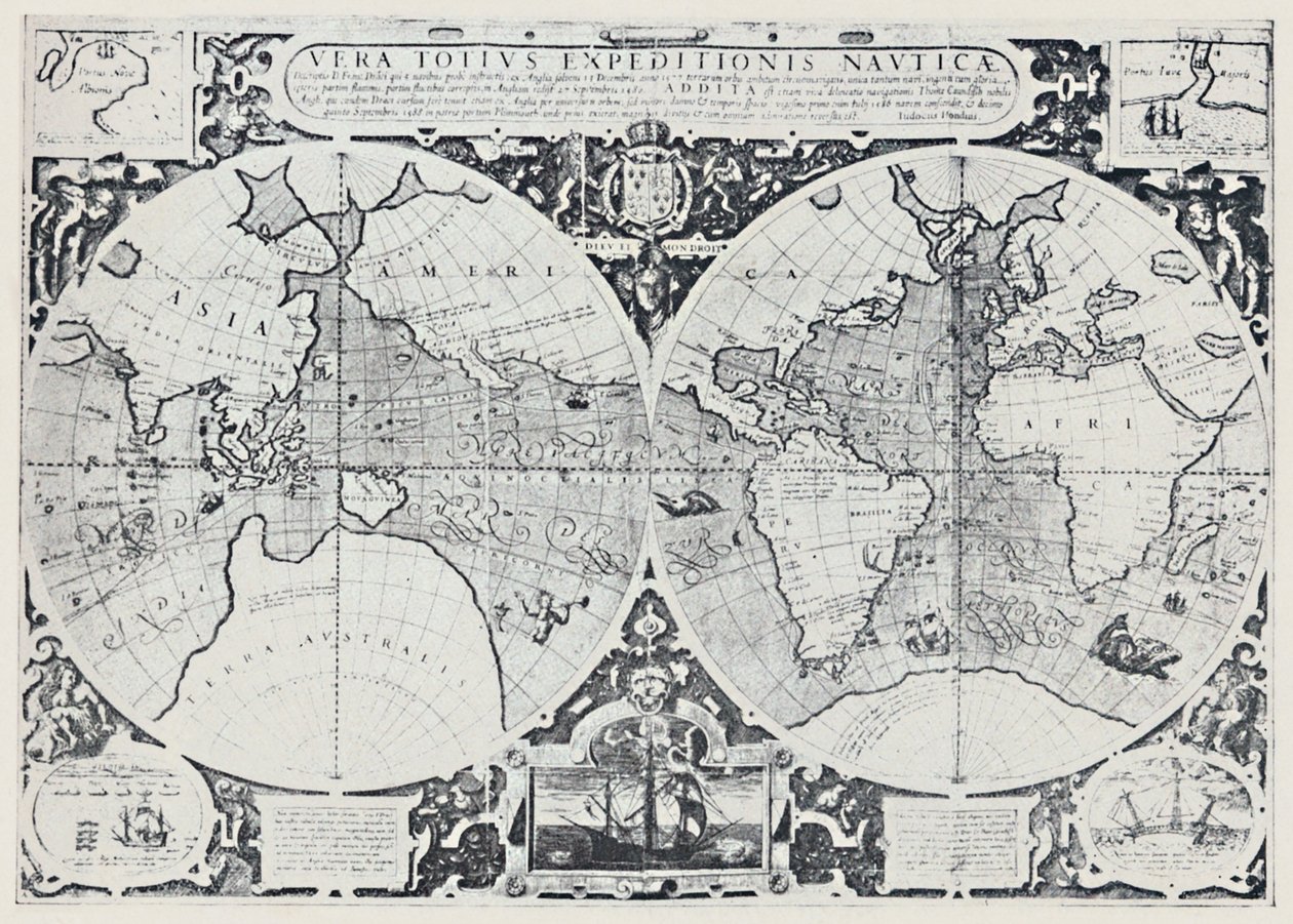 Kart som viser Drakes Voyage of Circumnavigation 1577-1580, 1923. av Unbekannt