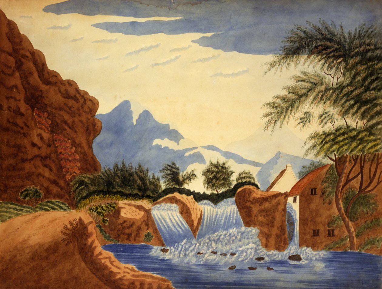 Fjellscene og vannhjul, ca. 1820-1870. av Unbekannt