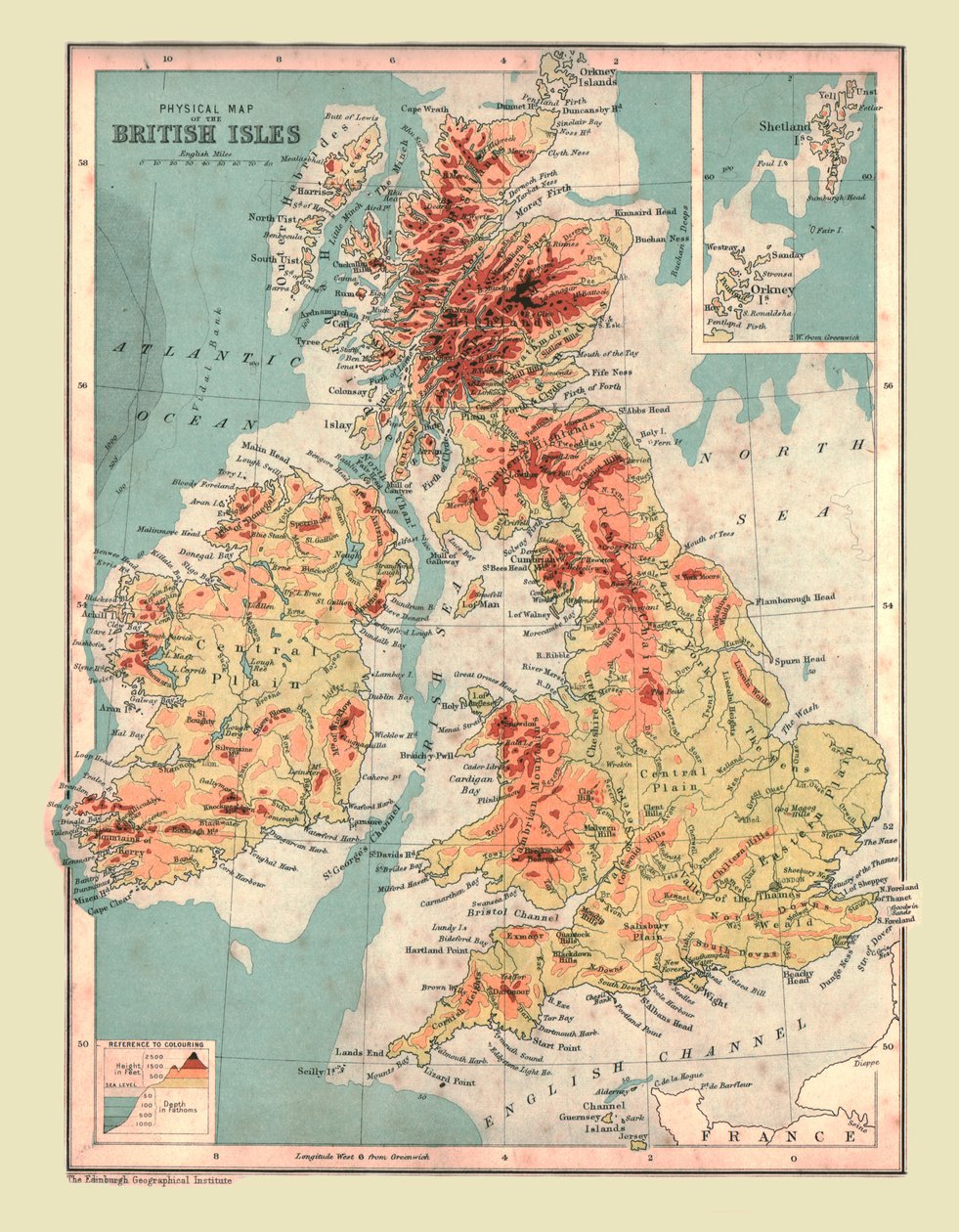 Fysisk kart over de britiske øyer, 1902. av Unbekannt