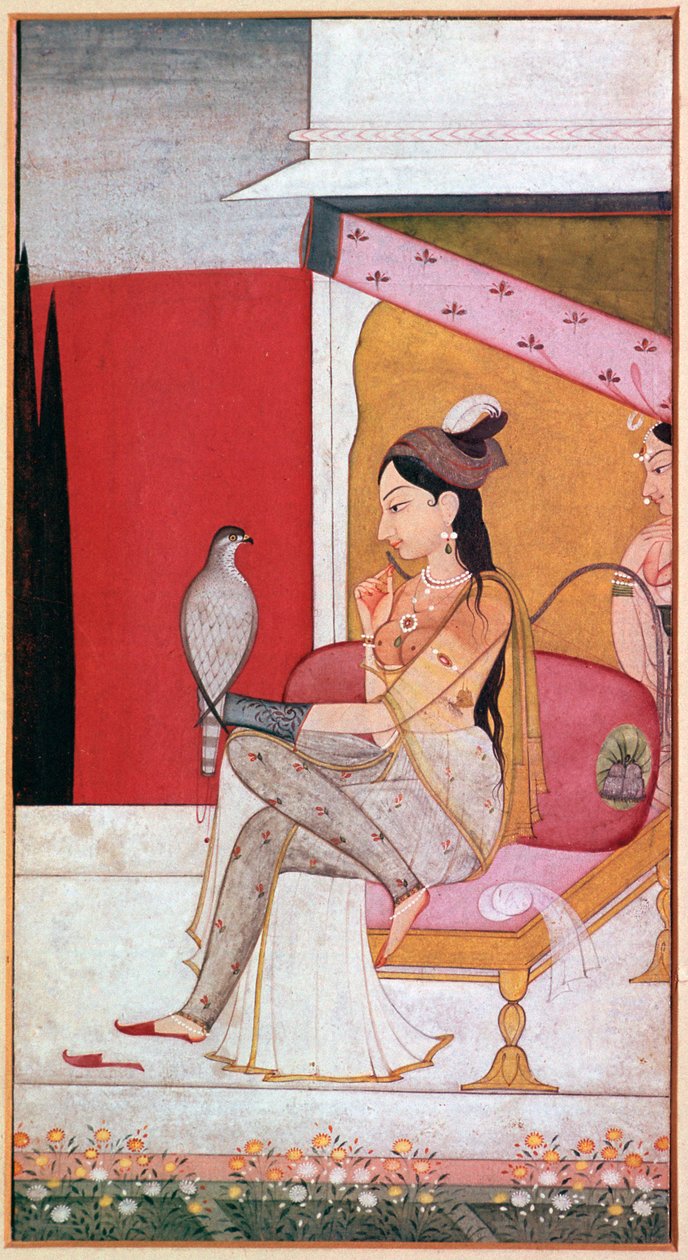 Punjabi-illustrasjon av en dame med en hauk. av Unbekannt
