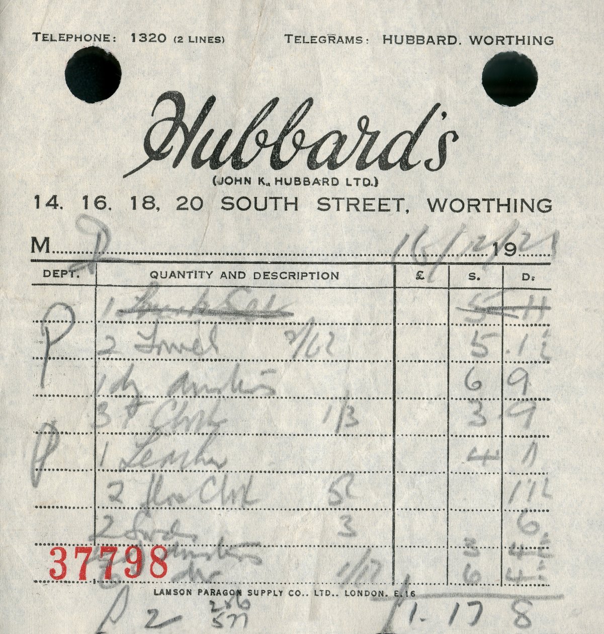 Kvittering fra Hubbards varehus, 1921. av Unbekannt
