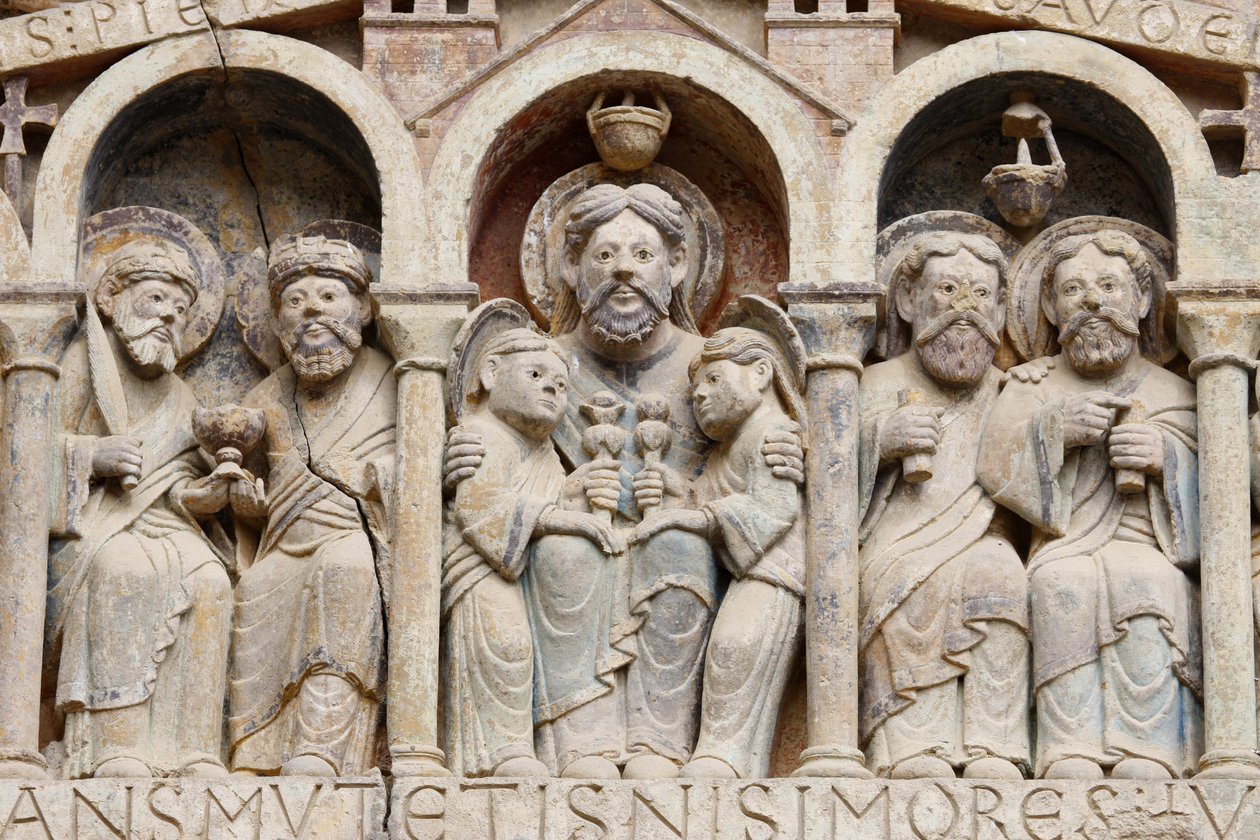 Sainte Foy klosterkirke tympanum: Abraham, Conques, Frankrike av Unbekannt