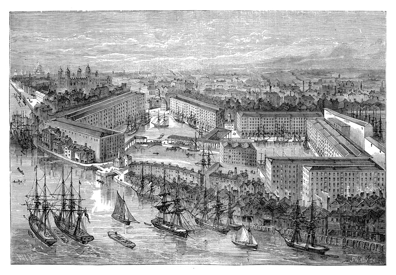 St Katherines Docks, London, sent på 1800-tallet av Unbekannt