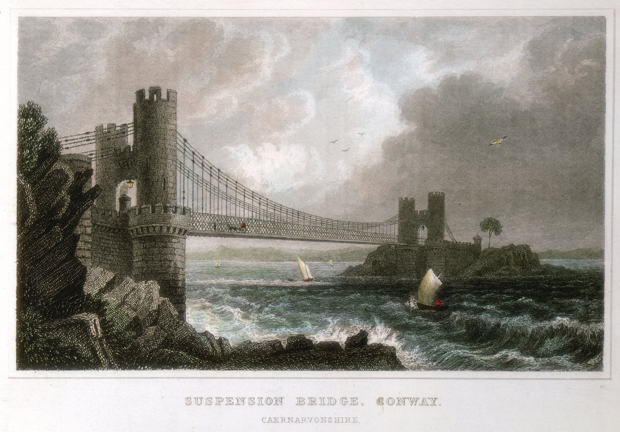 Hengebro over Conwy-elvemunningen, Wales, c1840 av Unbekannt