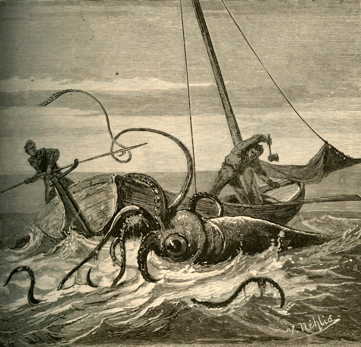 Fiskerkampen med den gigantiske blekkspruten, 1881. av Unbekannt