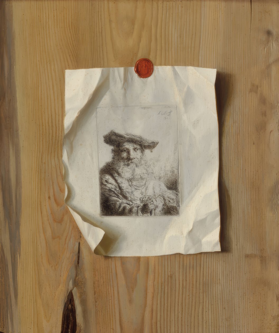 Trompe lOeil of an Etching av Ferdinand Bol av Unbekannt