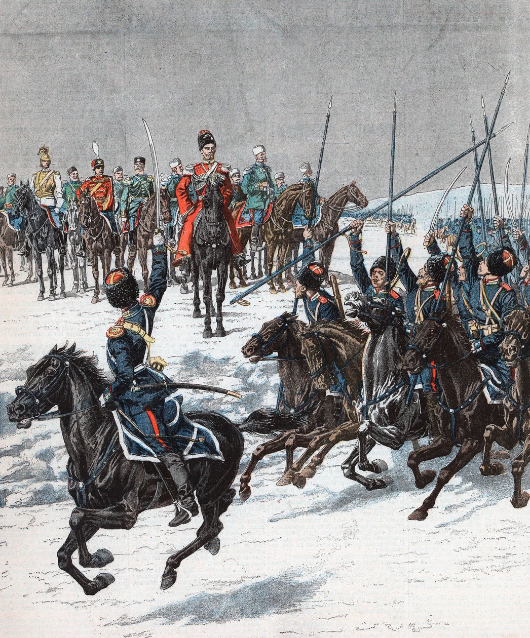 Tsar Nicholas II gjennomgår kosakker, russisk-japansk krig, 1904-5 av Unbekannt