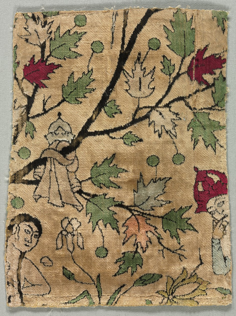 Fløyelsfragment, Khusrau ser Shirin bading, 1550-99. av Unbekannt