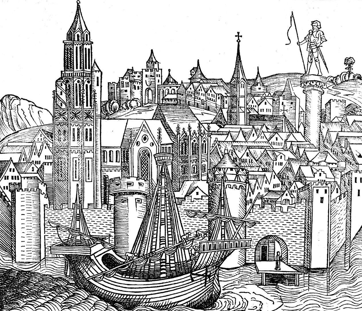 Utsikt over befestet by, 1493 av Unbekannt