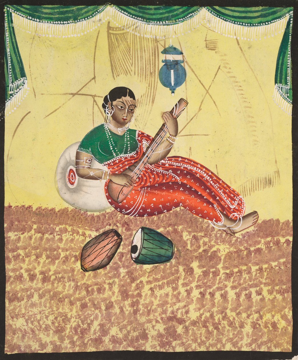 Kvinne som spiller musikk, 1800-tallet. av Unbekannt
