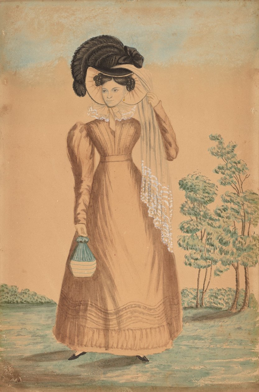 Kvinne med plymer hatt, ca. 1825. av Unbekannt