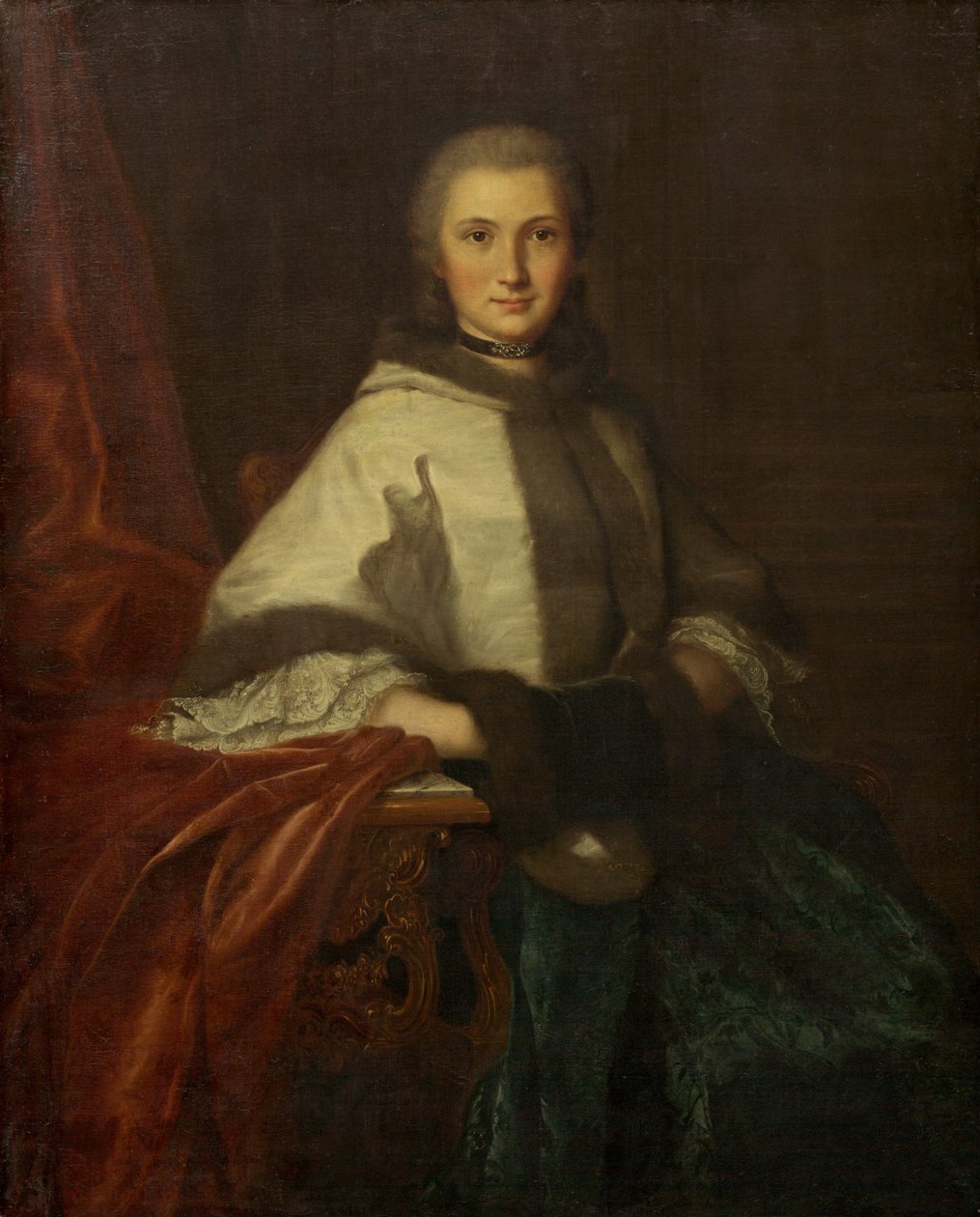 Ung kvinne med en muff, ca. 1750. av Unbekannt