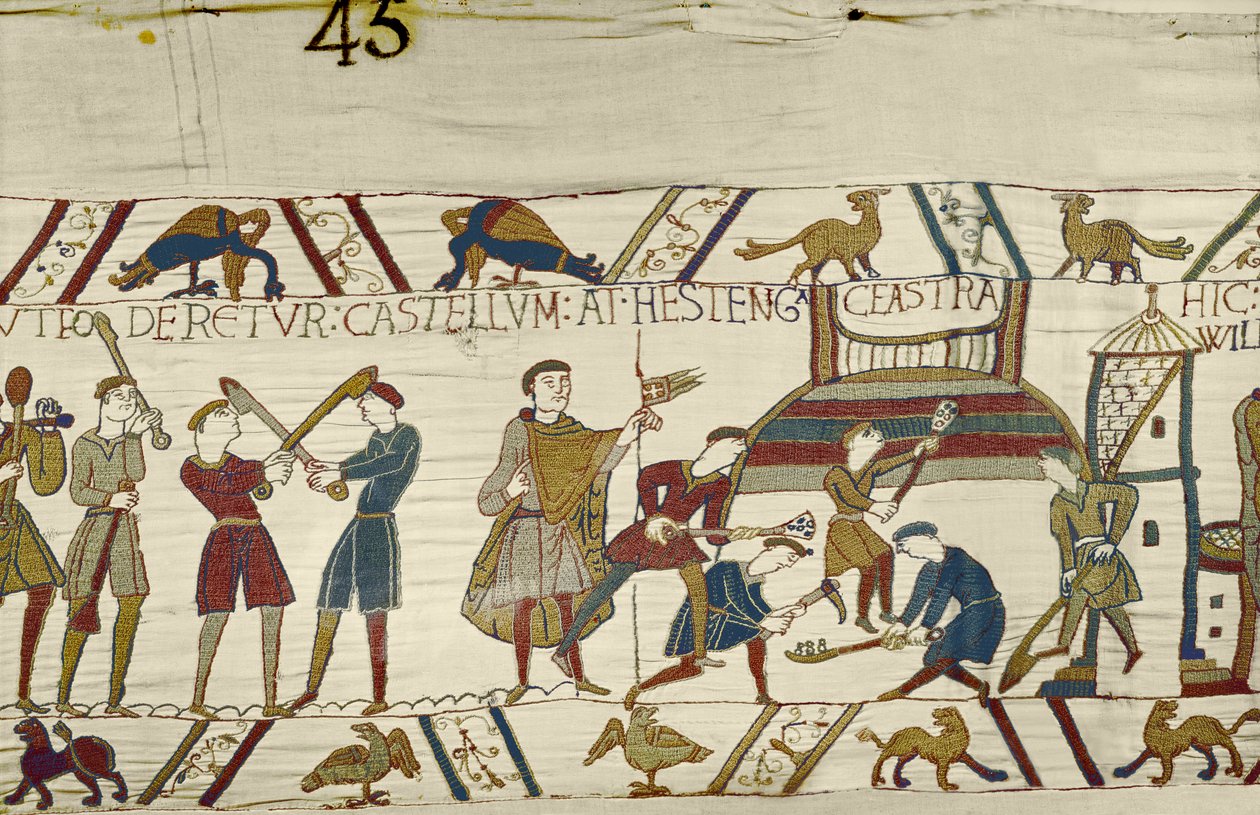 Normannerne bygger festningsverk ved Hastings, Bayeux-teppet av Unbekannt Unbekannt