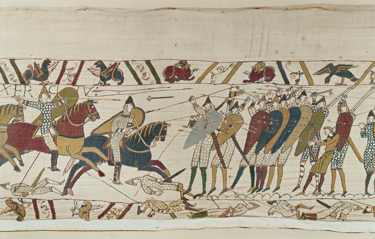 Slaget blir sluttet mens normannisk kavaleri angriper den engelske skjoldmuren, Bayeux Tapestry av Unbekannt Unbekannt