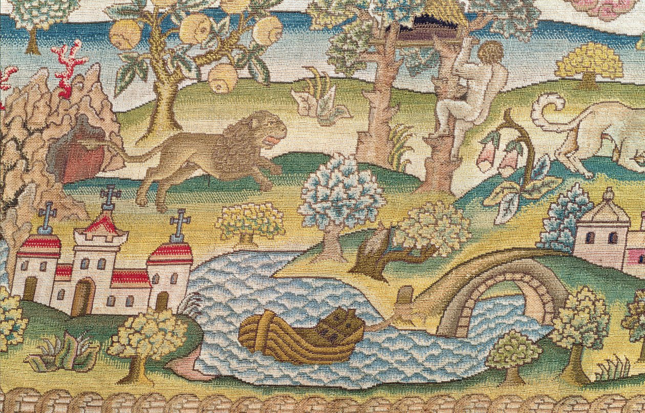 Bradford Table Carpet, detalj av en løve som jager en mann opp i et tre, engelsk, sent på 1500-tallet av Unbekannt Unbekannt