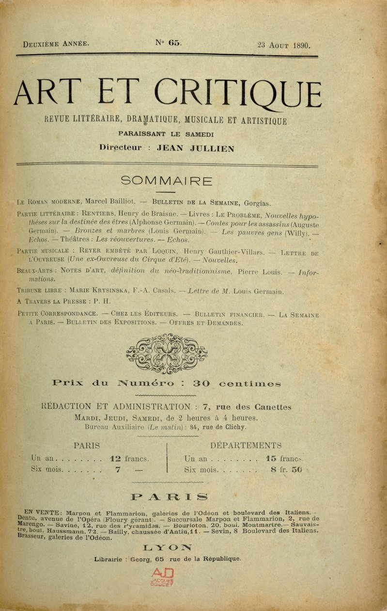 Frontispice av magasinet "Art et Critique", 23. august 1890 av Unbekannt Unbekannt