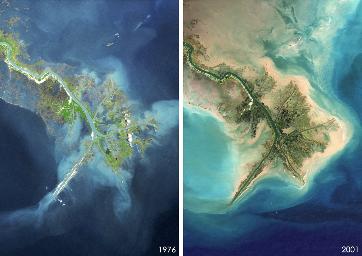 Mississippi River Delta, Louisiana, USA i 1976 og 2001 av Unbekannt Unbekannt