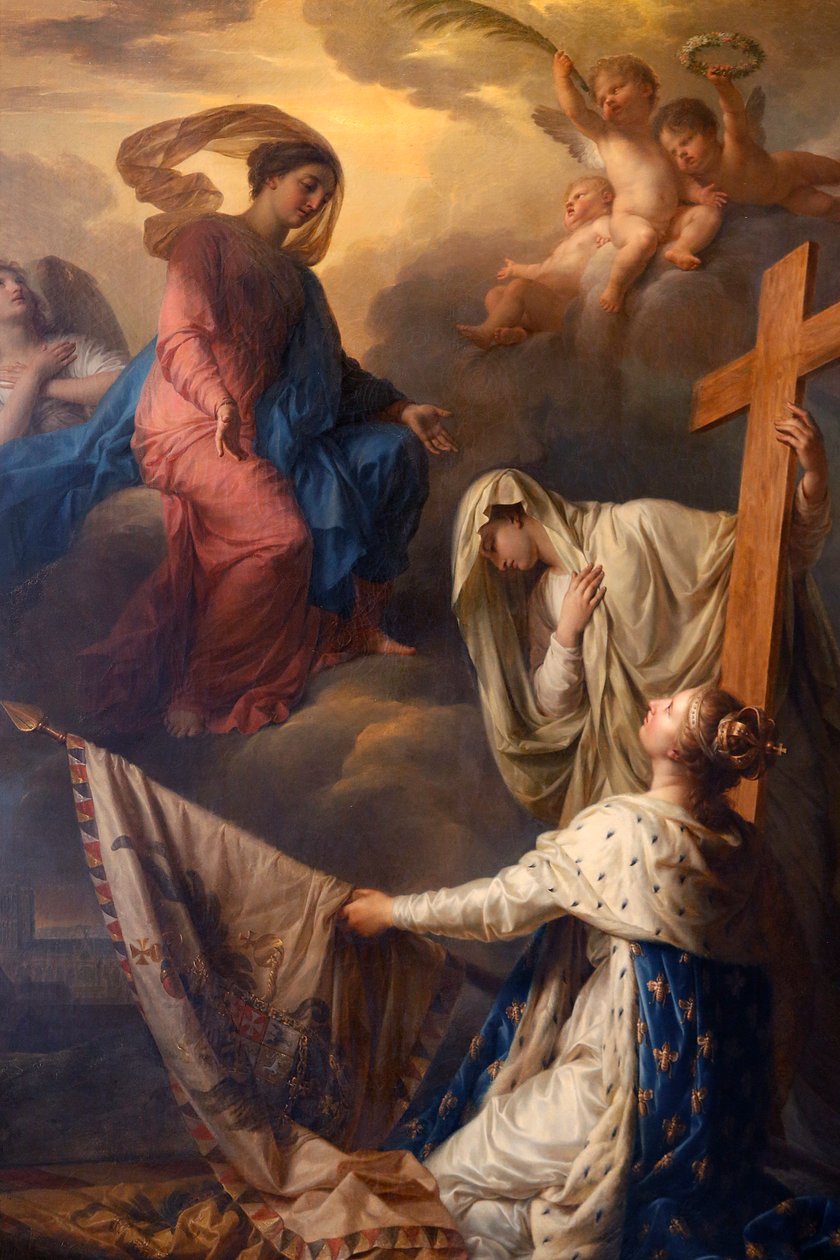 Notre-Dame du Val-de-Grace katolske kirke, Paris, Frankrike, Maleri: "La France lener seg på religion innvies til Notre-Dame-des-Gloires flagg hentet fra "fienden", Olje på lerret av Jean -Charles Nicaise- Perrin, 1806, bestilt av Napoleon I av Unbekannt Unbekannt