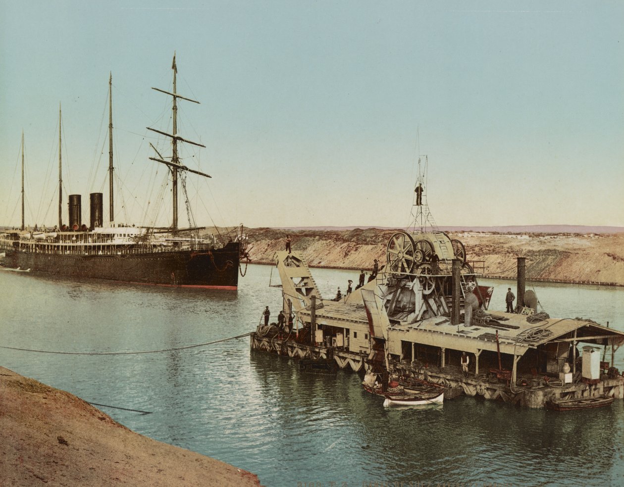 Suez-kanalen, skip og mudringsmaskin, ca. 1900 av Unbekannt Unbekannt