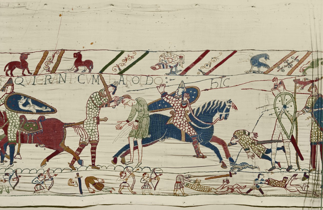 Normannerne dreper de som har vært sammen med kong Harold, Bayeux-teppet av Unbekannt Unbekannt