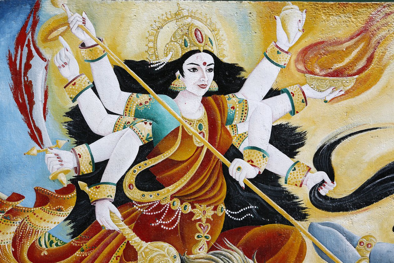 Gudinnen Durga beseirer det onde, Kathmandu, Nepal av Unbekannt