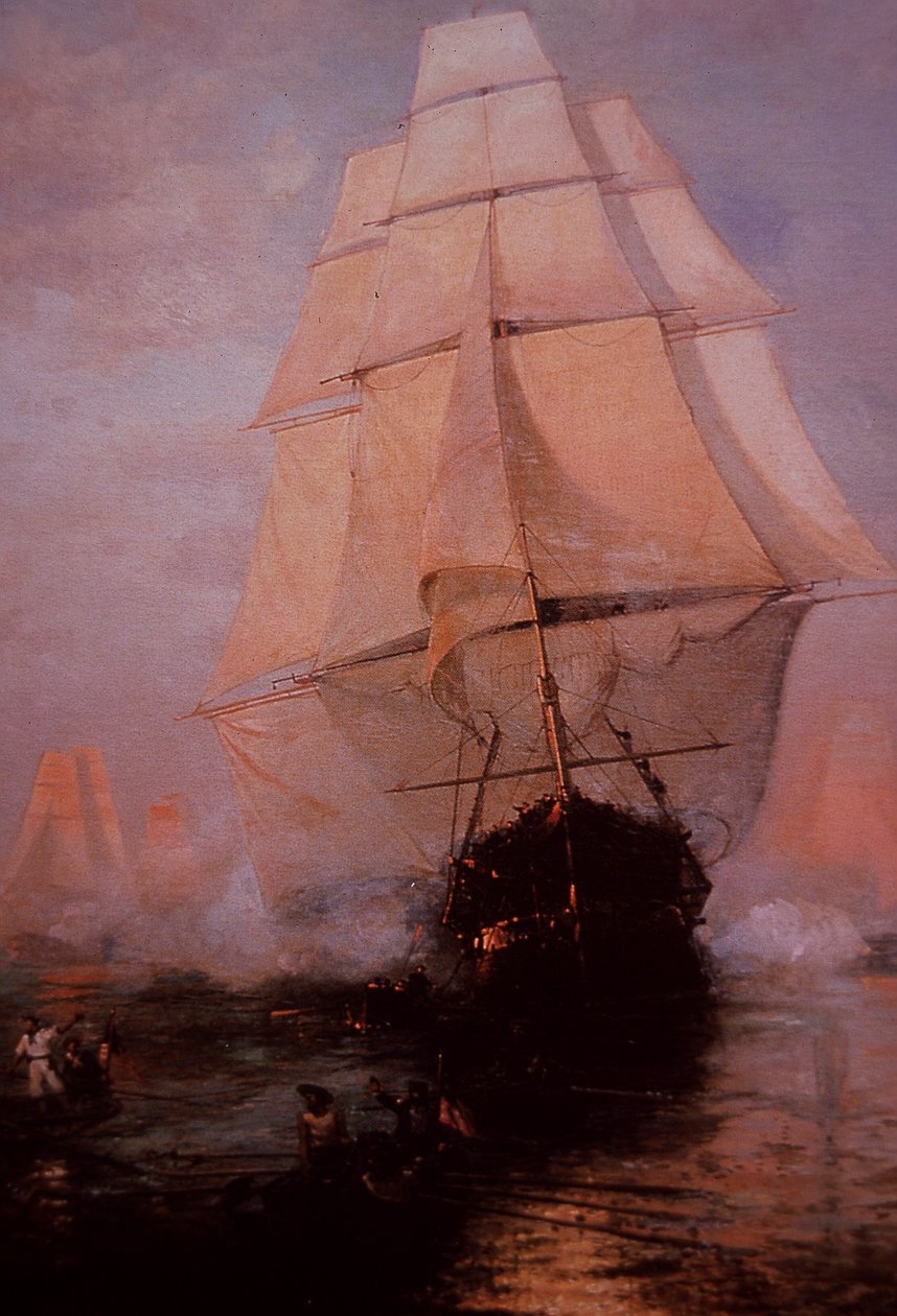 USS Constitution unnslipper britene (farge litho) av Nicolas d