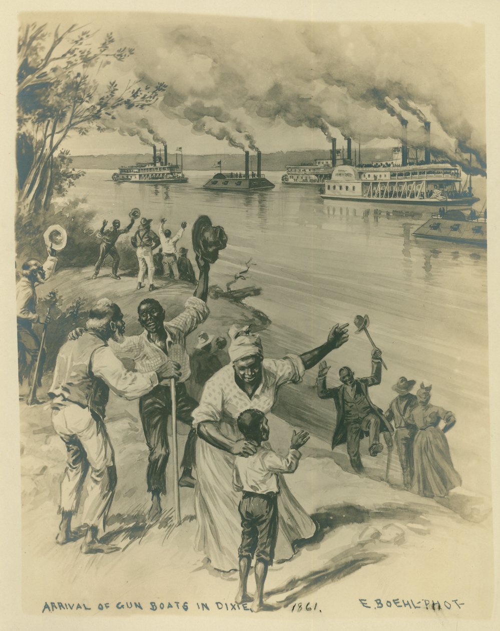 Bilde av mennesker (for det meste afroamerikanere) som feiret ved bredden av en elv, hvor en flåte med kanonbåter ferdes. av Unknown
