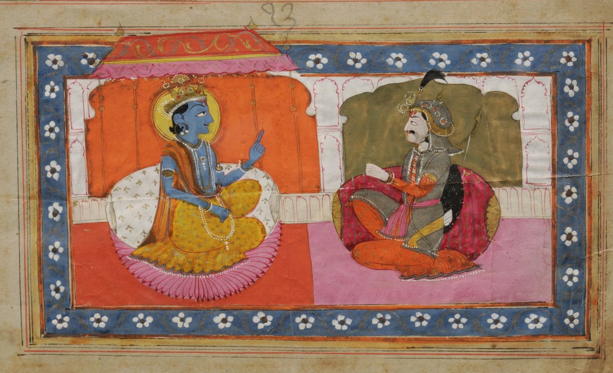Sri Krishna forkynner Gita Upadesh til Arjun av Unknown