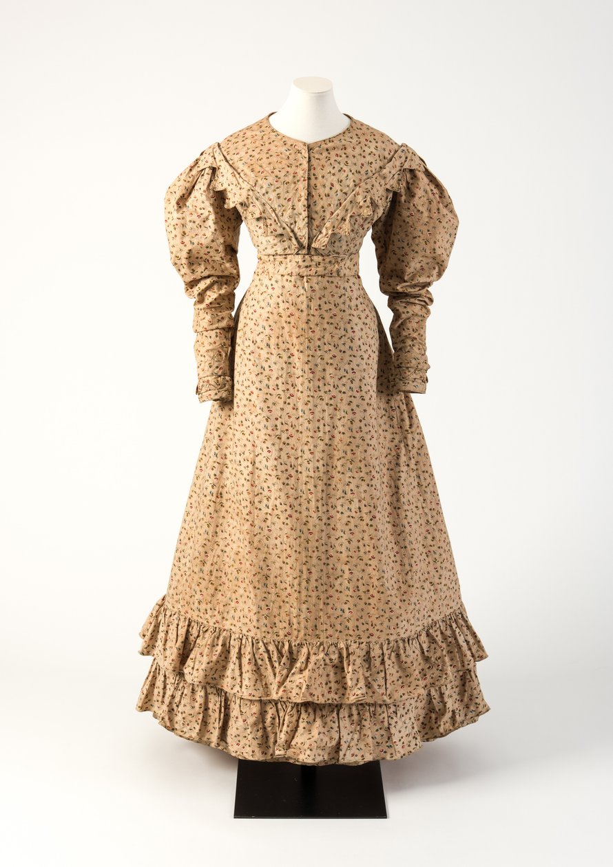 Brun og rosa, gul og grønn rulletrykt bomullskjole, 1825 (bomull) av Unbekannt Unbekannt