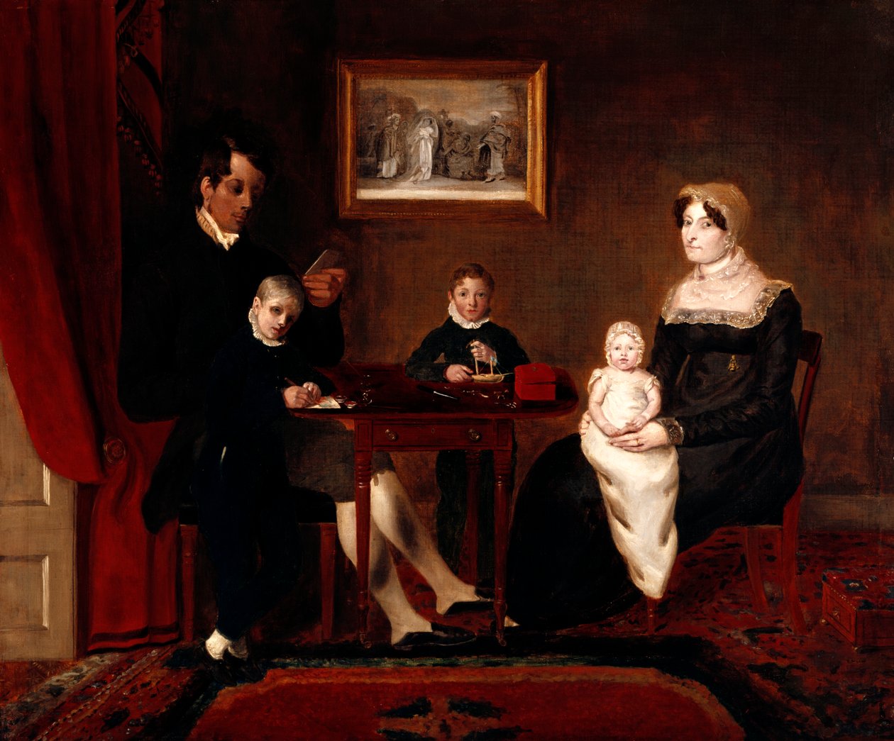 Gruppeportrett av en uidentifisert familie i et hjemlig interiør, ca. 1815-20 av Unbekannt Unbekannt